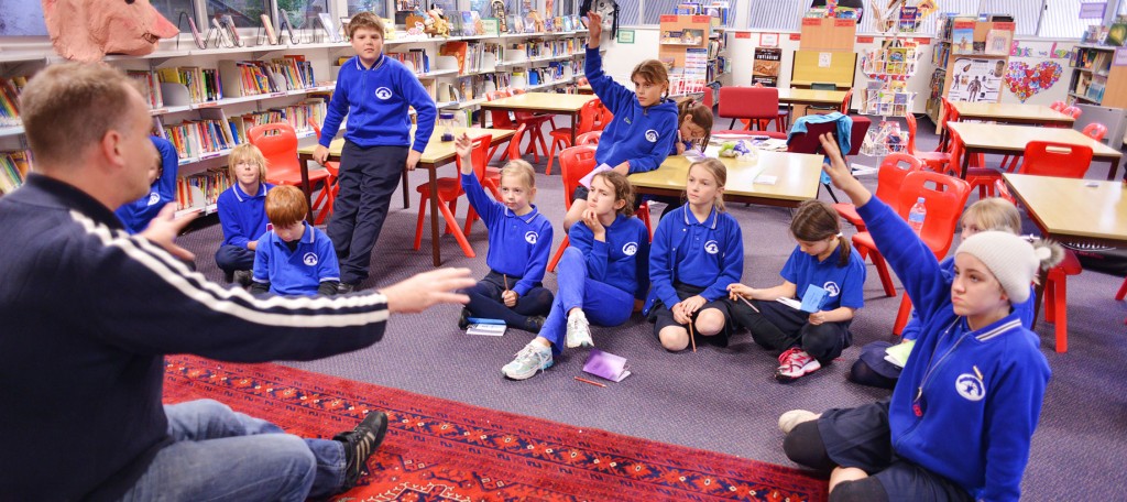 Program presenter Gavin Vance in a play building workshop at a Primary School in Sydney